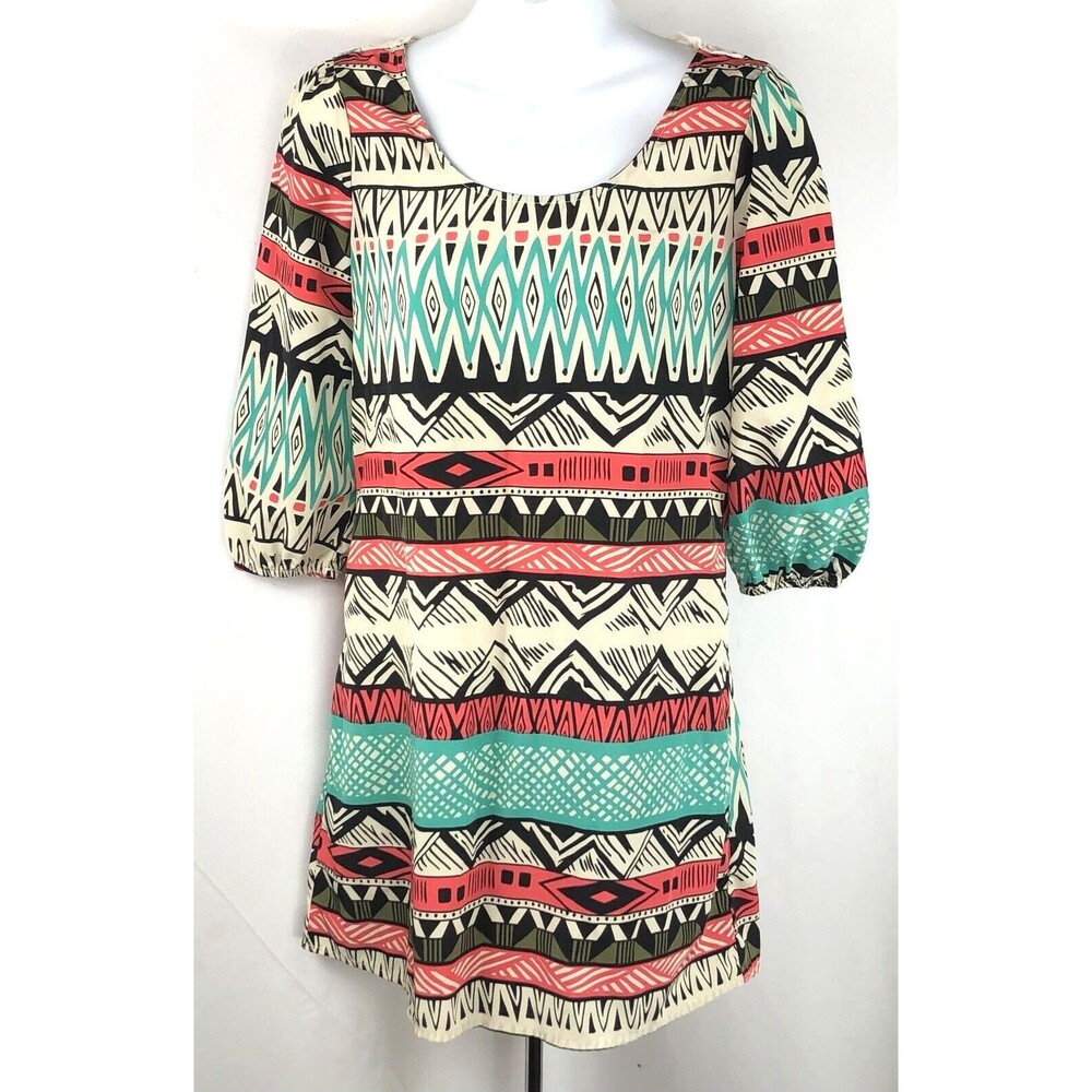 VTG Charlotte Russe mini sheath dress XS multi crochet back 1/2puff sleeve retro